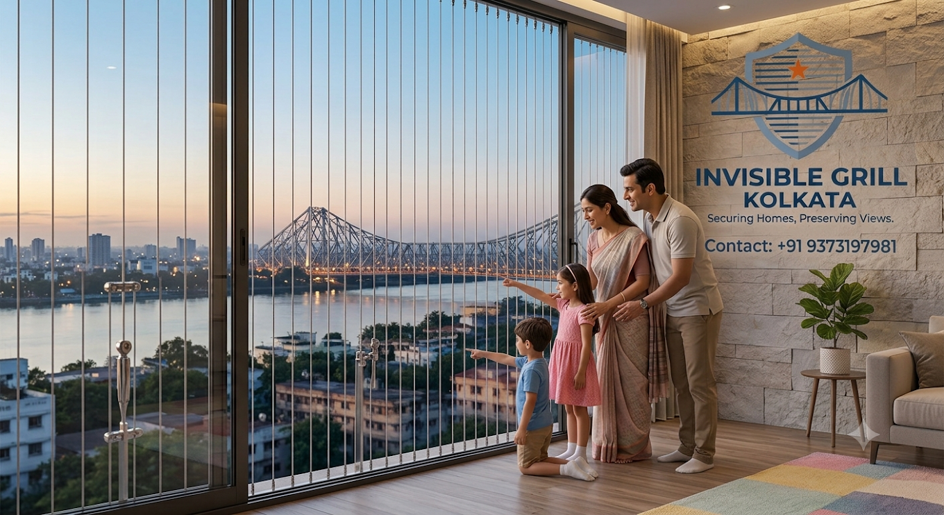 Family enjoying Kolkata skyline through invisible grill